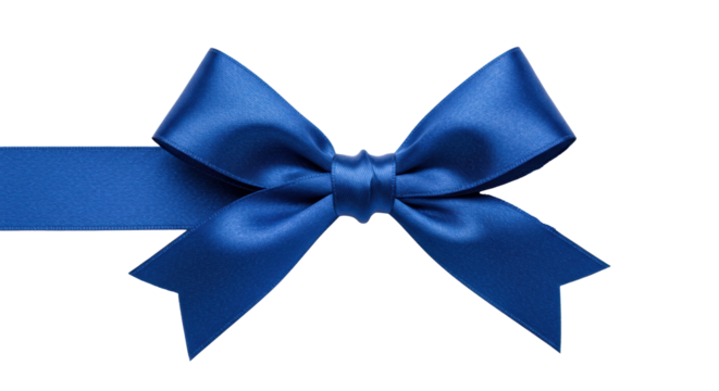 A single, deep blue satin gift ribbon meticulously tied into a perfectly symmetrical, elegant bow, horizontally on a transparent background with copy space. Concept of luxury and celebration
