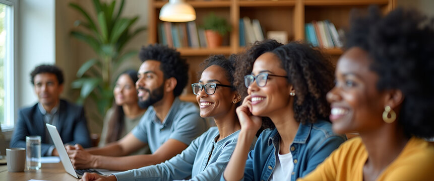 A tranquil workspace setting showcasing a group of diverse individuals engaging in equality awareness workshops, capturing their expressions in a balanced composition with ample copy space.