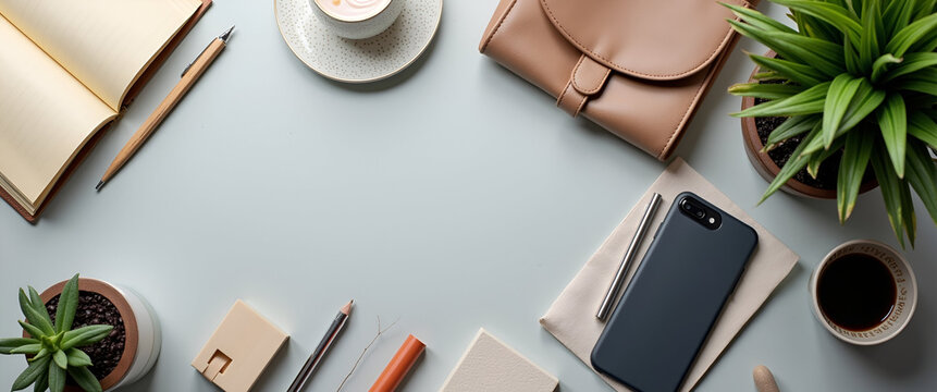 A contemporary flat lay design featuring modern elements in a minimalist style, emphasizing composition and highlighting available copy space for branding.