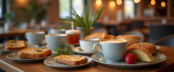An inviting coffee break ambiance showcasing aesthetically pleasing arrangements of coffee cups and snacks. Rich in textures and colors, it offers extensive copy space for branding or personal touches