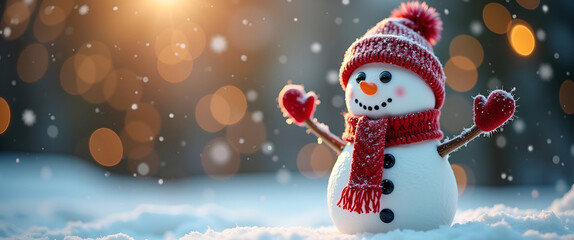 A whimsical snowman graces a festive New Years celebration scene, adorned with colorful accessories, offering ample copy space for announcements and joyful resolutions.