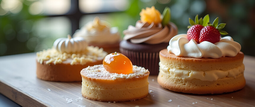 An enticing dessert delivery setup showcasing an array of delectable desserts artfully arranged on a table, providing a delightful and inviting atmosphere with copy space.