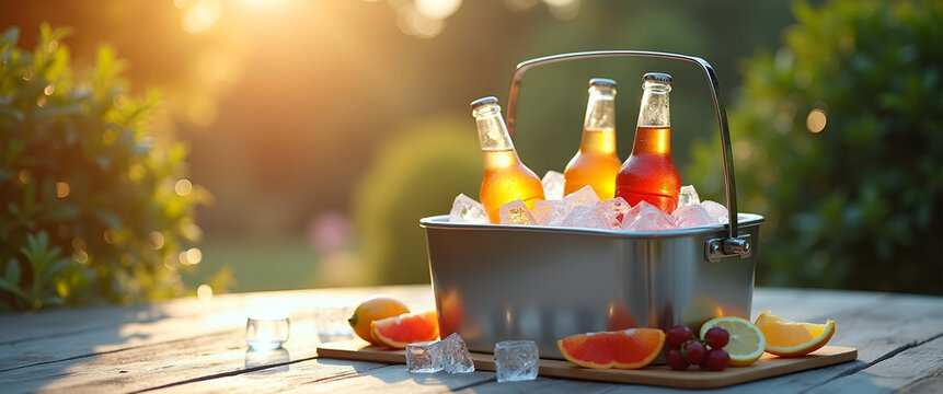 An inviting composition featuring a barbecue ice chest filled with chilled drinks, emphasizing negative space around it to highlight its cool refreshments ready for summer gatherings.