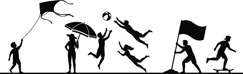 Beach activity silhouette, children outdoor play, summer fun illustration, black vector design, white background, playful movement concept, community leisure scene