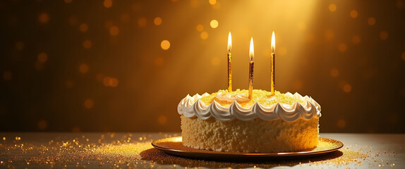 Commemorate a golden birthday with a luxurious cake against a striking backdrop, incorporating generous amounts of copy space for heartfelt messages.