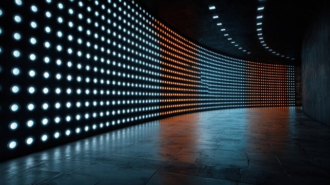 A futuristic corridor illuminated by bright, circular lights creates a dynamic and vibrant atmosphere, with a curved design enhancing the visual appeal.