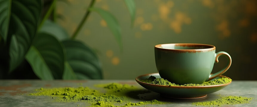 A simple yet striking arrangement of matcha tea set against an opulent background, allowing for versatile copy space to share brand or promotional messages creatively.