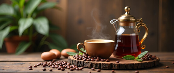 Experience a serene Arabic coffee break featuring traditional elements arranged around a rustic wooden table, allowing ample copy space for branding and text.