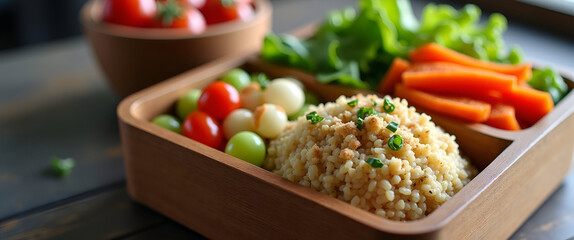 An enticing quinoa healthy lunch displayed in an elegant bento box, featuring various ingredients, with negative space to highlight the meal and emphasize freshness.