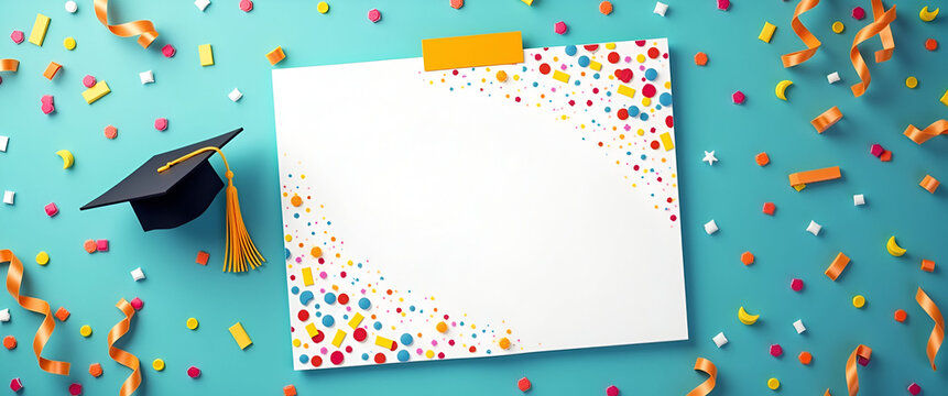 An eye-catching graduation announcement featured on a vibrant background with confetti elements, designed to provide ample copy space for personal details.