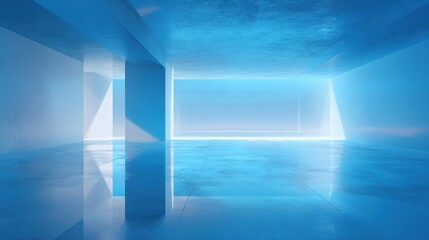 Obraz premium A spacious, modern interior featuring blue lighting and sleek surfaces, creating a futuristic atmosphere.