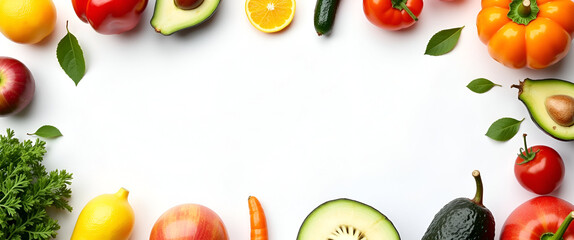 A visually balanced arrangement of fresh fruits and vegetables on a white background, designed with ample copy space for nutritional content, emphasizing healthy eating choices.