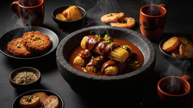 Authentic Mexican Romeritos dish featuring rolled greens (Quelites) and savory fillings drowned in rich, steaming Mole sauce, served in a rustic volcanic stone Molcajete bowl