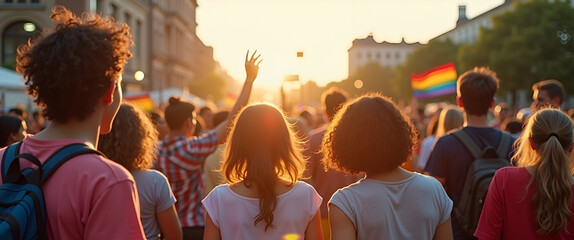 An outdoor community event highlighting a diverse crowd celebrating equality, skillfully captured with negative space for potential text overlay, evoking a sense of togetherness.