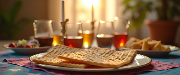 A vibrant scene capturing the essence of Passover traditions, featuring symbolic objects such as matzah and a Seder plate against a softly blurred background.