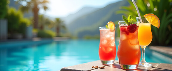 An elegant display of aesthetically pleasing cocktails by the pool, beautifully arranged in the foreground, featuring lush greenery and clear skies with ample copy space.