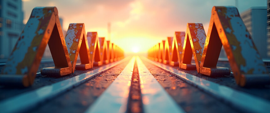 A captivating image portraying equality challenges depicted through abstract forms representing obstacles, with leading lines guiding attention towards ample copy space for context.