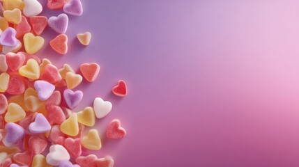 Colorful Gummy Candy Hearts Scattered on a Smooth Gradient Backdrop With Space for Sale Text