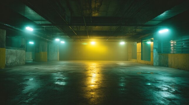 An empty, dimly lit underground parking garage with reflective wet surfaces and colorful ambient lighting.