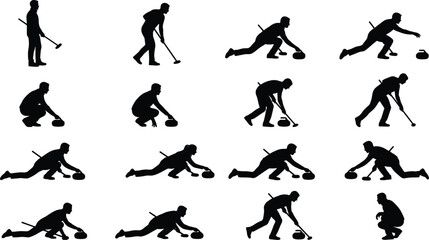 Curling delivery sequence, athlete silhouette poses, curling stone release, winter sport motion, vector illustration, sweeping action, ice sport technique