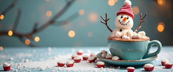 A whimsical snowman enjoying a cozy cup of hot chocolate, brightly decorated with marshmallows. Incorporate copy space for text in a candy-themed winter setup.