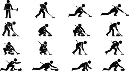 Curling sport silhouettes, athlete poses, curling motion sequence, winter sports vector, sweeping action, curling stone delivery, black figure illustration