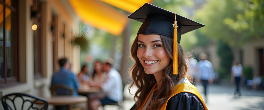 A stylish graduation lifestyle photo featuring a graduate enjoying an outdoor caf? celebration, ideal for capturing lifes significant milestones.