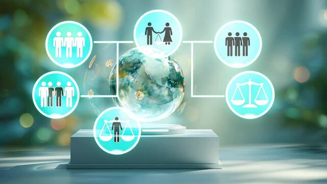 Global community and justice concepts connected around a vibrant planet