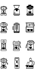 This image is a collection of minimal, black-and-white line art icons depicting various types of coffee preparation equipment, including espresso machines, coffee makers, a grinder, and a kettle.