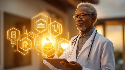 Elderly doctor interacts with futuristic holographic medical interface, embracing technology in healthcare. - Powered by Adobe