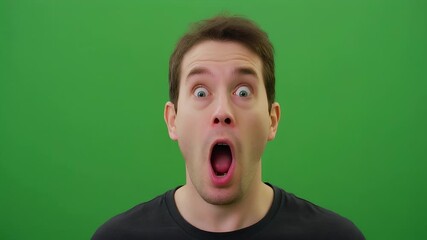 Man with open mouth and wide eyes on green background