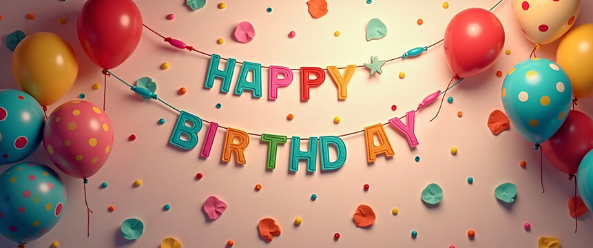 A cheerful display of festive decorations and birthday wishes in a joyous environment, maximizing copy space to allow for inviting messages and creative additions.