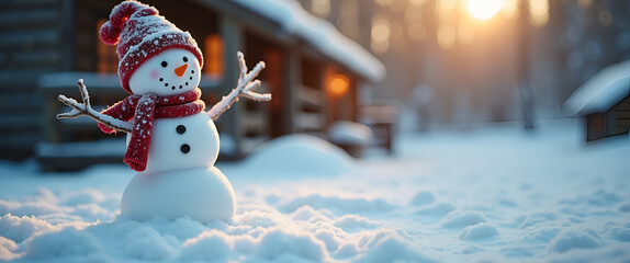 A beautifully designed snowman adorns a rustic winter scene, emphasizing the texture of snow, allowing for copy space suitable for advertisements.