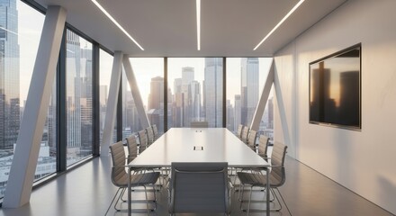 Modern conference room with large table and city skyline view