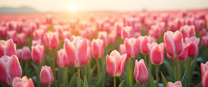 A dreamy pastel field of tulips in full bloom, capturing the serene beauty of nature from a birds-eye view, with clear sections of copy space for visual storytelling.