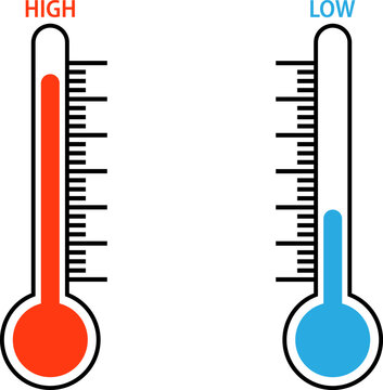 Two thermometers showing high and low temperatures
