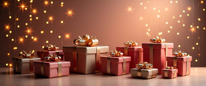 An elegant collection of new year gifts arranged on a stylish background, featuring ample copy space to convey thoughtful messages and sharing moments.