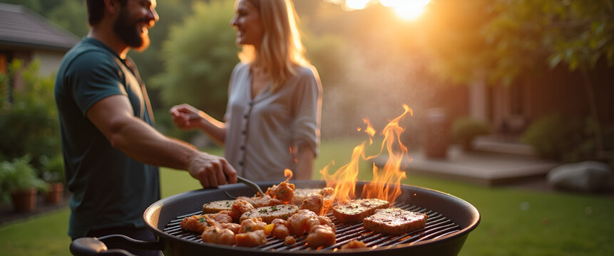 A serene barbecue lifestyle shot featuring a couple grilling together in a cozy backyard, with beautiful composition allowing for an inspiring text overlay.