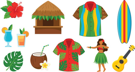 Hawaiian tropical icons, summer vacation theme, beach lifestyle, cultural celebration, exotic elements, cartoon vector, travel, paradise, nature, leisure
