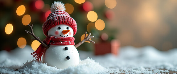 A beautifully arranged snowman showcases holiday charm amidst a festive backdrop, perfectly suited for winter decorations with abundant copy space for personalized messages and branding.