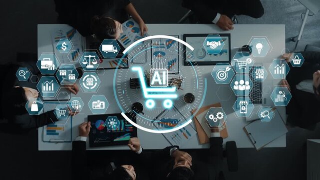 A dynamic business meeting set in a modern office, showcasing professionals engaging with digital data and artificial intelligence tools to drive innovation and strategy. Raster