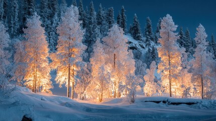 Snow covered trees glow warmly in the dark creating a magical winter scene. The serene forest is surrounded by a blanket of fresh snow and a still frozen lake.
