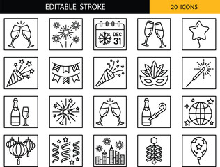 Celebration and party icon set featuring fireworks, champagne glasses, festive decorations, confetti, masks, lanterns, and New Year elements in editable stroke style.