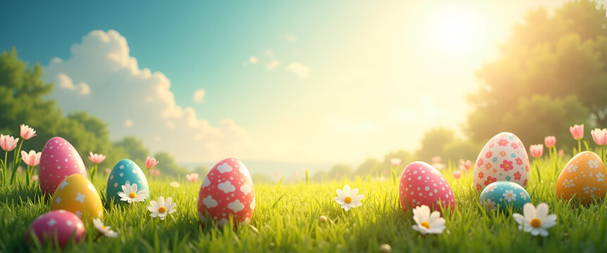 A festive portrayal of Easter Sunday, celebrating resurrection with bright colors, lively atmosphere and a spacious area for copy text that invites engagement.