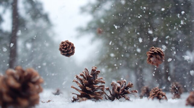 Pine cones tumble through the air as snowflakes fall softly in a serene winter forest. The landscape is quiet and peaceful showcasing the beauty of nature in the cold season.