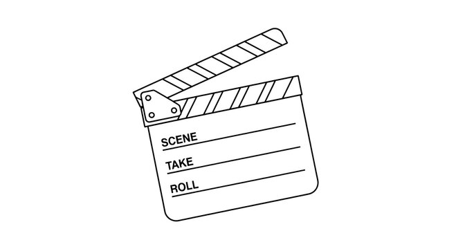 Clapperboard film production with open clap, scene take roll notes, and diagonal striped handle, simple black line drawing.