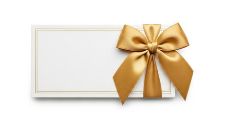 Fototapeta premium Blank white gift certificate or voucher card with a golden border and a luxurious satin gold ribbon bow on a white background