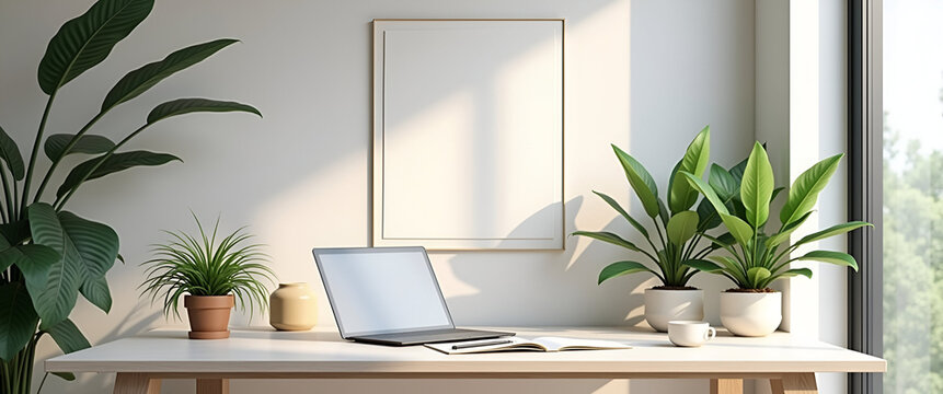 A tranquil workspace illustrating hybrid productivity, with minimalistic design, ample copy space, plants strategically placed, embodying modern workplace aesthetics.