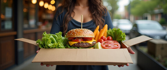 An evocative visual representation of local restaurant delivery, emphasizing community and fresh ingredients with designated areas for engaging advertisement placement.