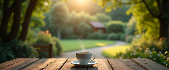 A serene coffee break in a secluded garden setting featuring a rustic table with a coffee cup, ideal for capturing mindfulness and appreciation for nature.